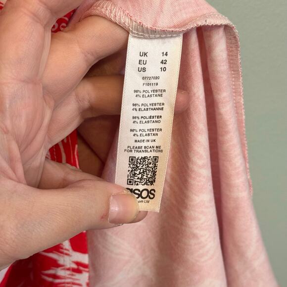 Asos Mini Shift Dress 10 Red White Leaf Ruffled Spaghetti Straps Tropical Summer - Picture 8 of 8